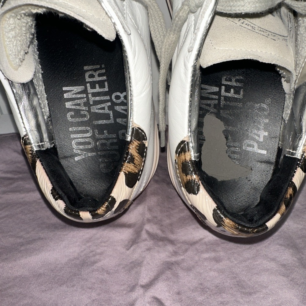 P448 Women Size EU39/ US 8.5-9 John Sneakers White Leopard Print Silver Foil - Picture 4 of 5